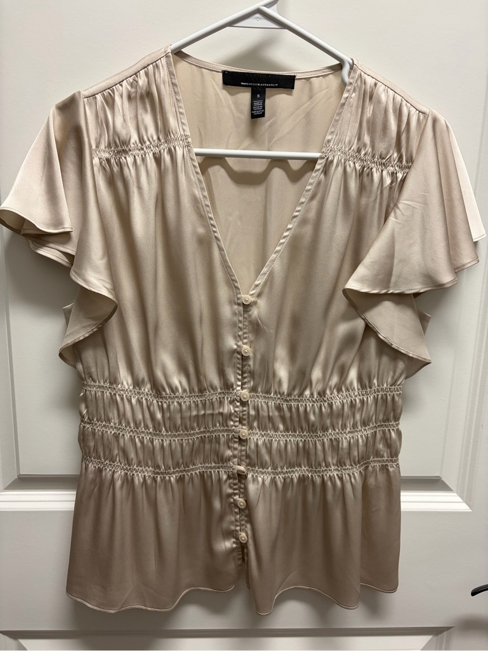 White House Black Market Cream Satin Button-Front Flutter Sleeve Blouse